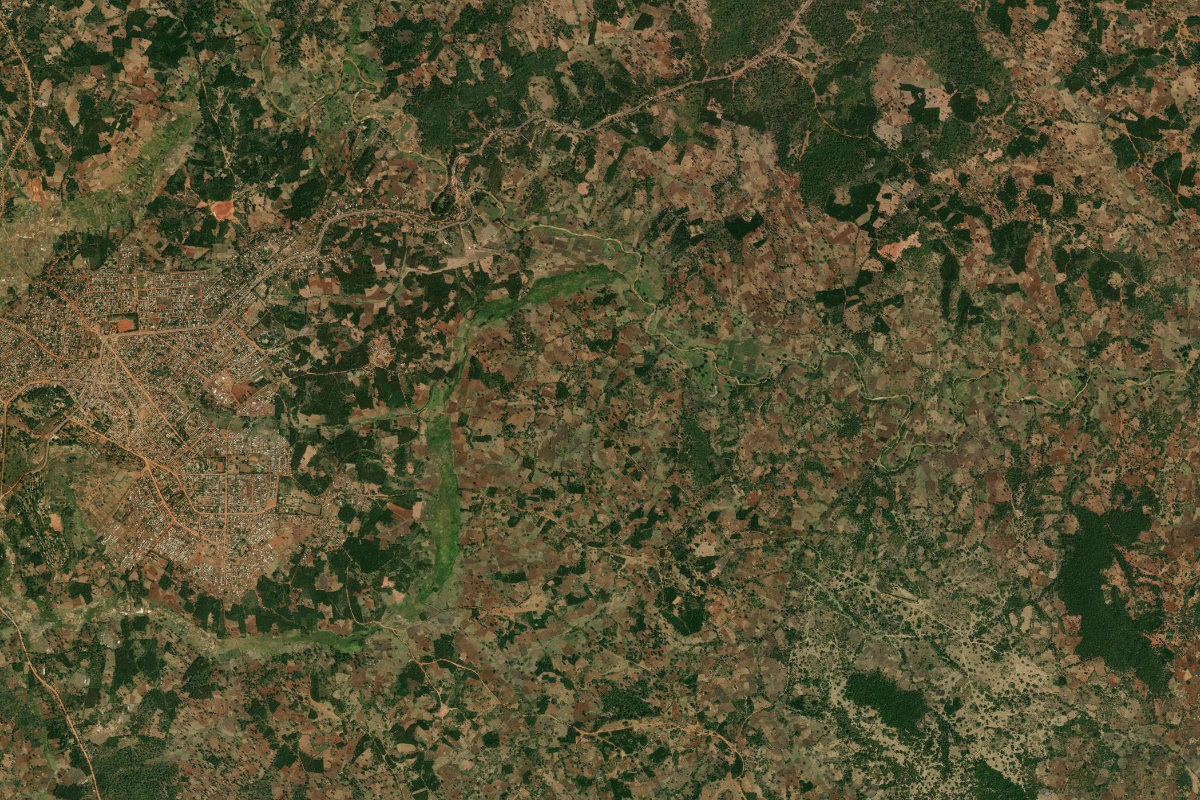 Satellite image near Shakiso with farmland, forest patches and a stream corridor
